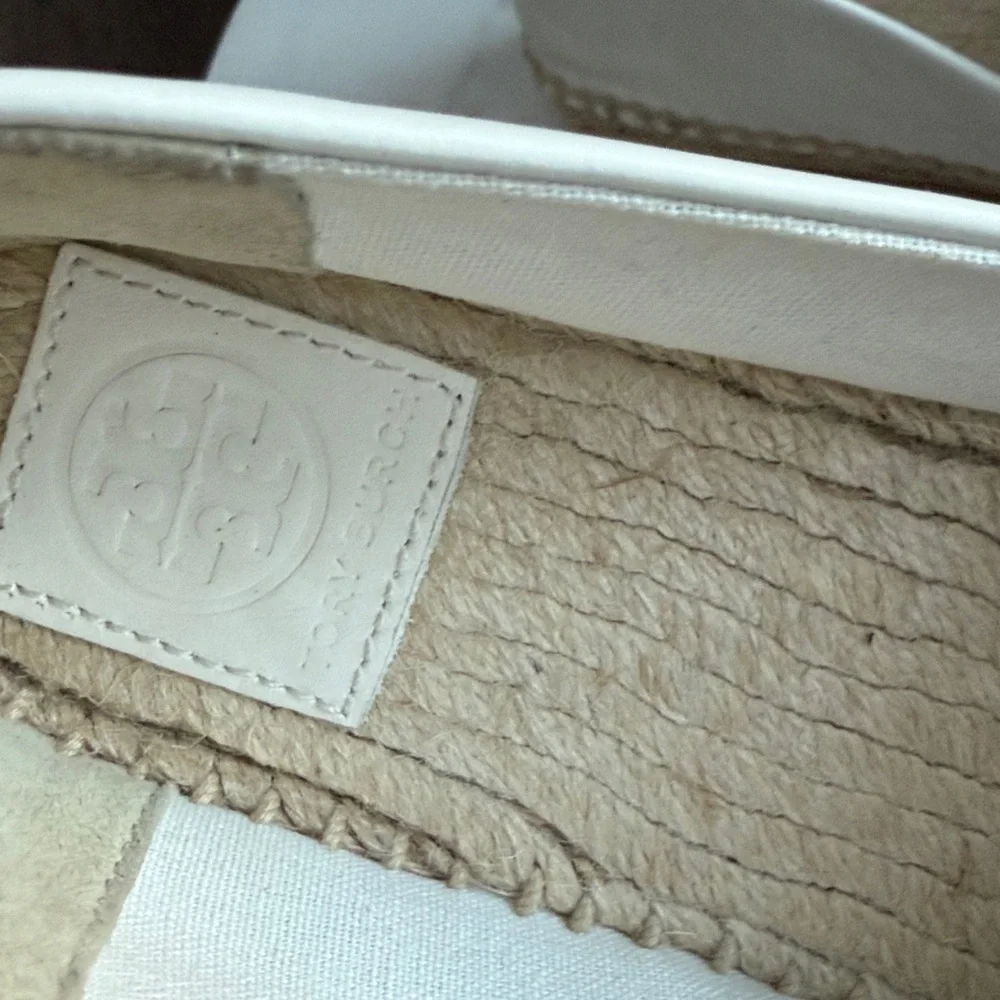 Tory Burch White Leather Espadrilles with Black Toe Cap